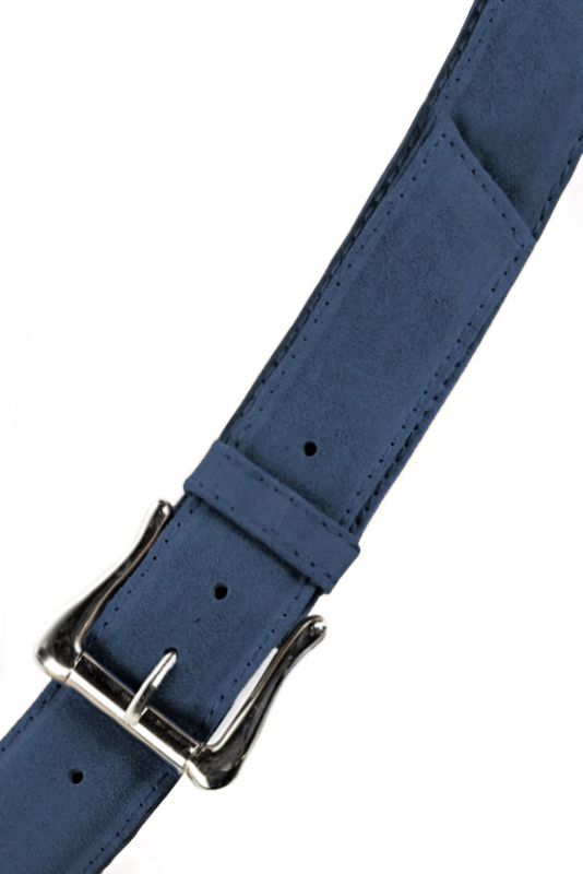 Denim blue women's dress belt, matching pumps and bags. Made to measure. Top view - Florence KOOIJMAN